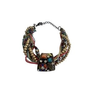 Boho Multi Strand Mixed Media Beaded Bracelet Rhinestone Gemstones Brass Clasp